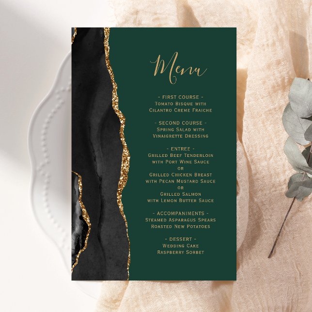 Tall Budget Black Gold Agate Green Wedding Menu (Creator Uploaded)