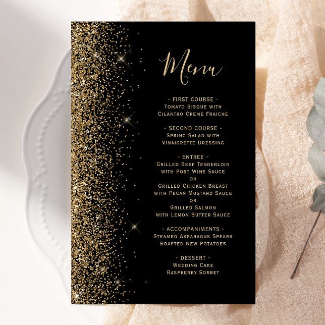 Tall Budget Black Gold Glitter Wedding Menu (Creator Uploaded)
