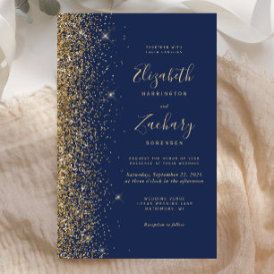Tall Budget Navy Blue Gold Glitter Wedding Invite