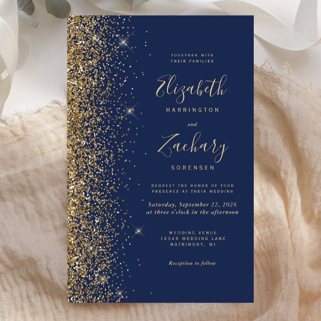 Tall Budget Navy Blue Gold Glitter Wedding Invite (Creator Uploaded)