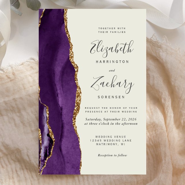 Tall Budget Purple Gold Agate Ivory Wedding Invite (Creator Uploaded)