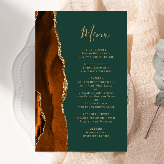 Tall Budget Rust Gold Agate Green Wedding Menu (Creator Uploaded)