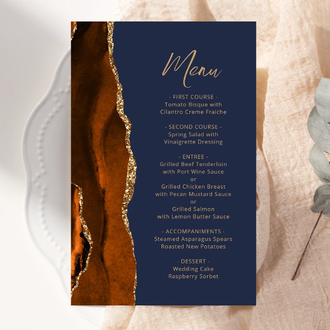 Tall Budget Rust Gold Agate Navy Wedding Menu (Creator Uploaded)