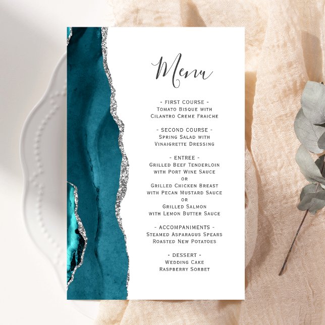 Tall Budget Teal Blue Silver Agate Wedding Menu (Creator Uploaded)