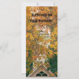 Tall church steeple & fall leaves Birthday wish