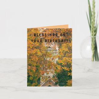 Tall church steeple & fall leaves Birthday wish Note Card
