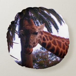 Tall Giraffe Tales Under The Palm Tree, Round Cushion