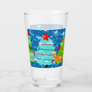 Tall Glass Christmas Design of Trees, Deer, Snow