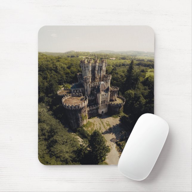 Tall Grey Stone Castle in Green Overgrown Woods Mouse Mat (With Mouse)
