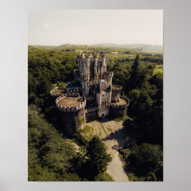 Tall Grey Stone Castle in Green Overgrown Woods Poster (Front)