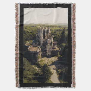 Tall Grey Stone Castle in Green Overgrown Woods Throw Blanket