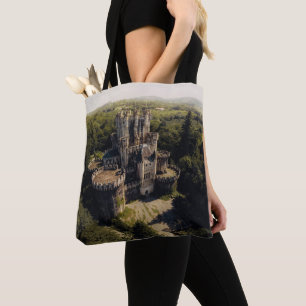 Tall Grey Stone Castle in Green Overgrown Woods Tote Bag