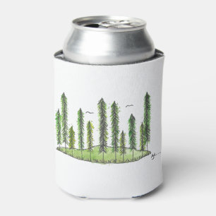 Tall Pine Tree Forest Watercolor Can Cooler