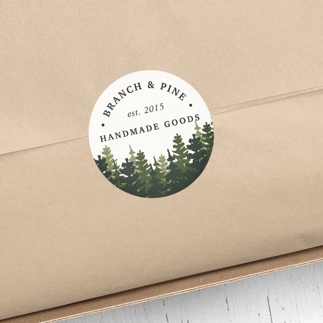 Tall Pines | Rustic Trees Business Name Classic Round Sticker (Creator Uploaded)