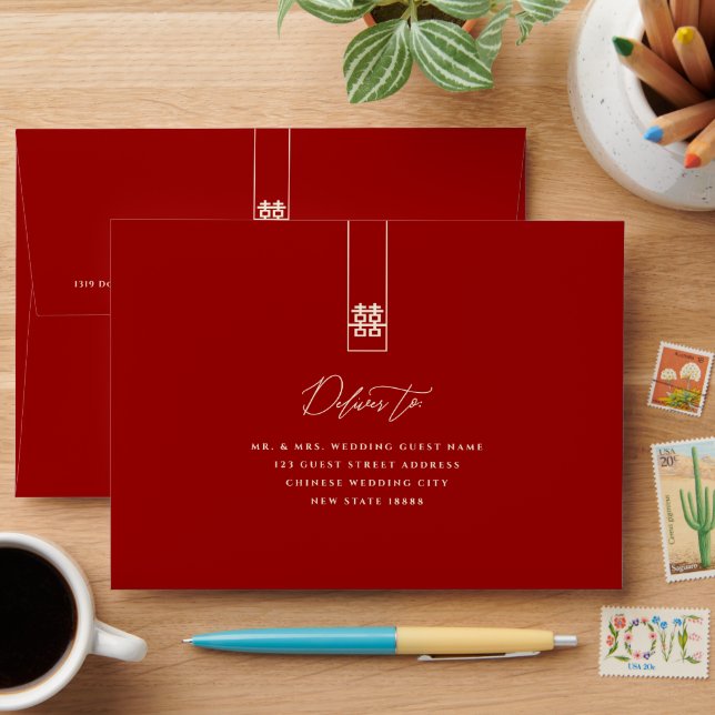 Tall Rectangle Double Happiness Chinese Wedding Envelopes (Desk)