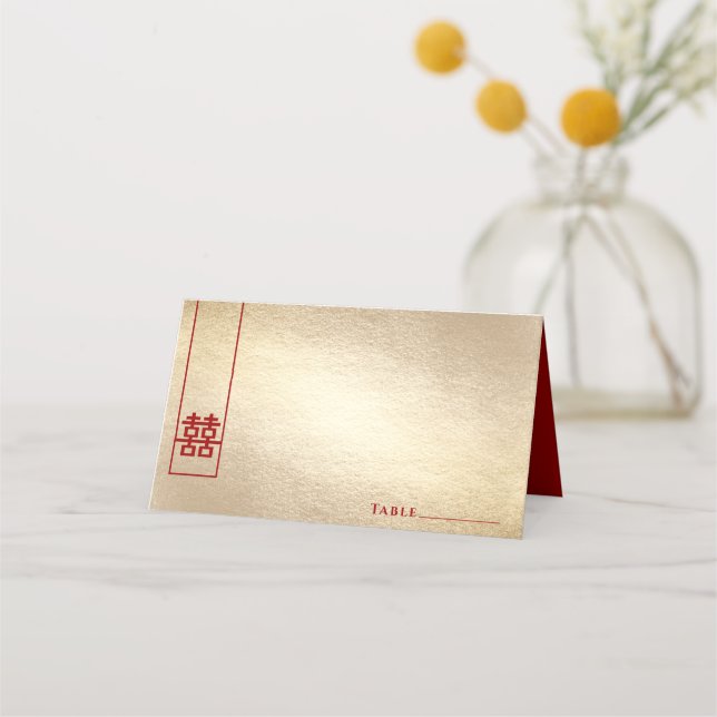 Tall Rectangle Double Happiness Gold Asian Wedding Place Card (Front)