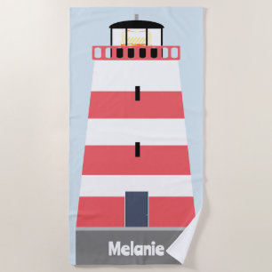 Tall Red and White Lighthouse Personalised Beach Towel