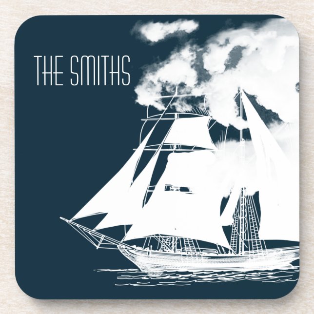 Tall Ship & Clouds Nautical Coaster (Front)