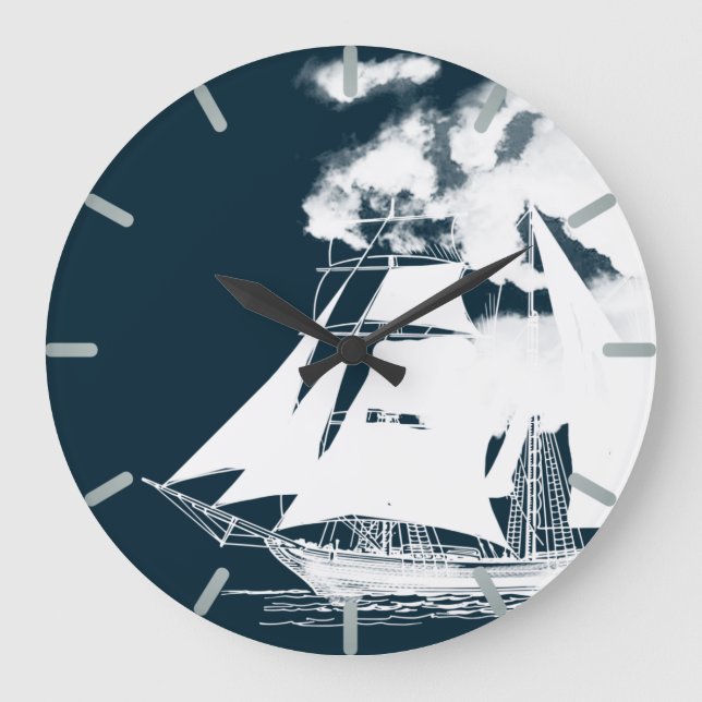 Tall Ship & Clouds Nautical Large Clock (Front)