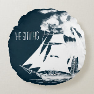 Tall Ship & Clouds Nautical Round Cushion