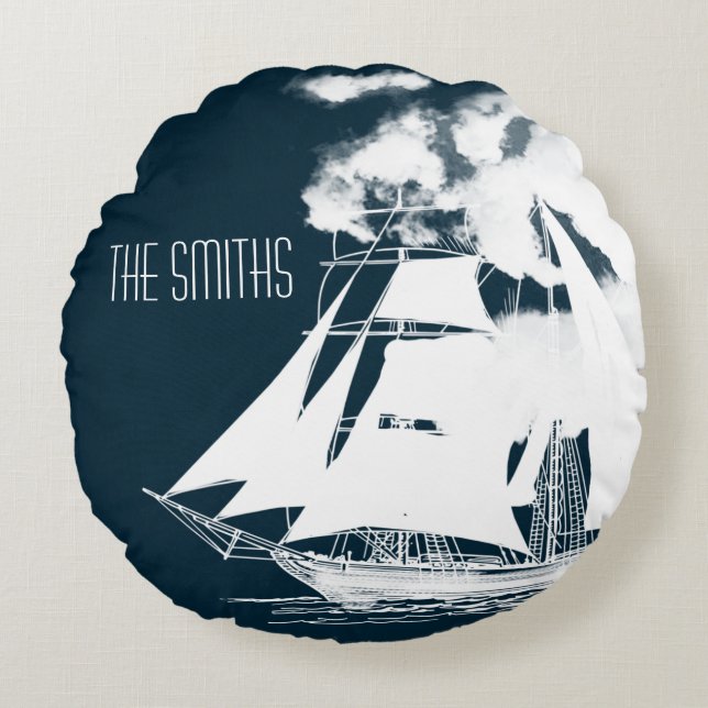 Tall Ship & Clouds Nautical Round Cushion (Front)