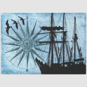 Tall Ship Sailboat Compass Rose Collage Decoupage Tissue Paper