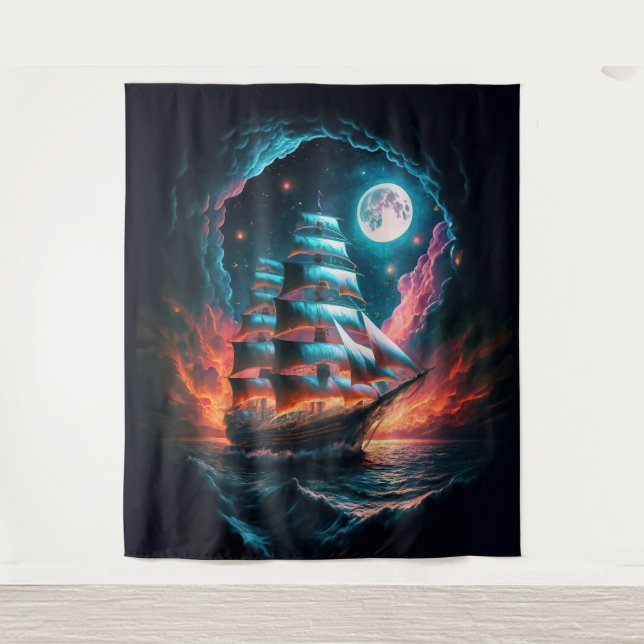 TALL SHIP SAILING IN DARK NIGHT DREAM ODYSSEY TAPESTRY (Front)