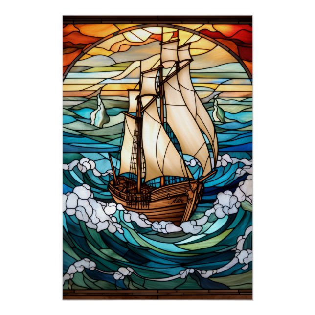 Tall Ship Stained Glass Window Design Poster (Front)