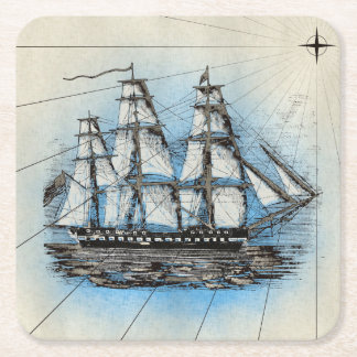 Tall Ship Vintage Nautical Illustration Square Paper Coaster