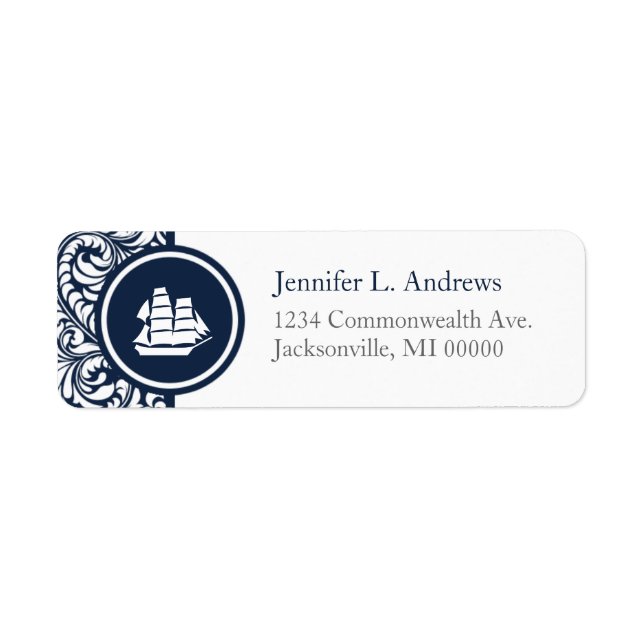 Tall Ships Navy Damask Address Labels (Front)