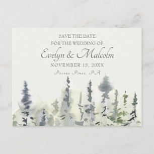 Tall Timber Watercolor Evergreen Trees Wedding Announcement Postcard