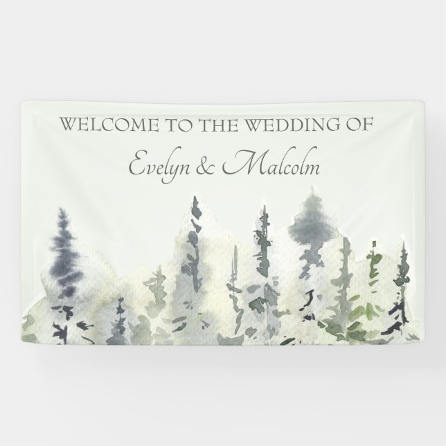 Tall Timber Watercolor Evergreen Trees Wedding Banner (Horizontal)