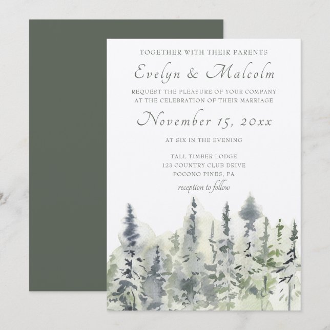 Tall Timber Watercolor Evergreen Trees Wedding Invitation (Front/Back)