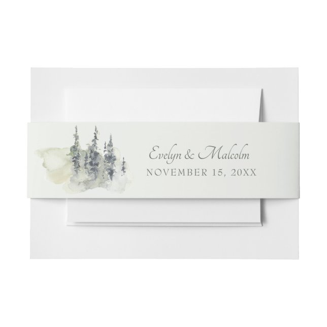Tall Timber Watercolor Evergreen Trees Wedding Invitation Belly Band (Front Example)