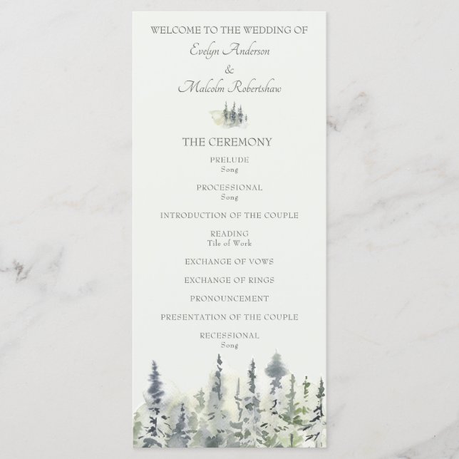 Tall Timber Watercolor Evergreen Trees Wedding Programme (Front)