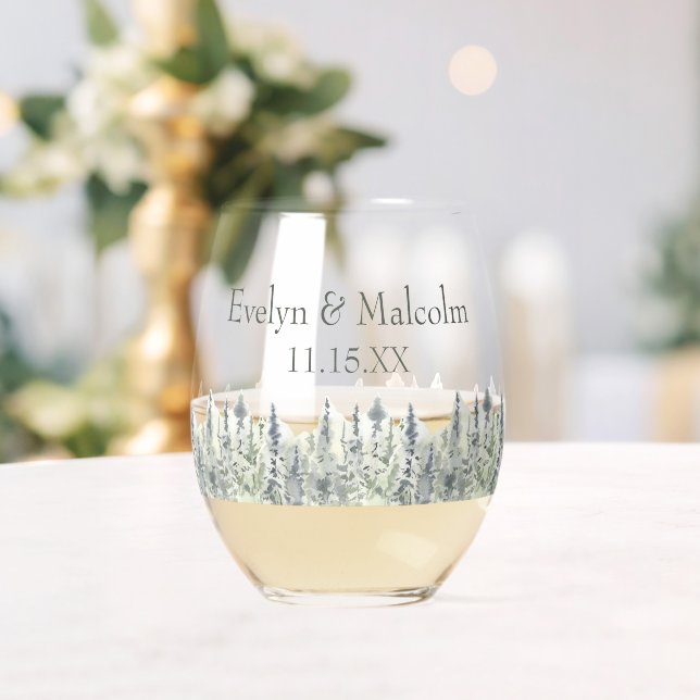 Tall Timber Watercolor Evergreen Trees Wedding Stemless Wine Glass (Insitu (Wedding))