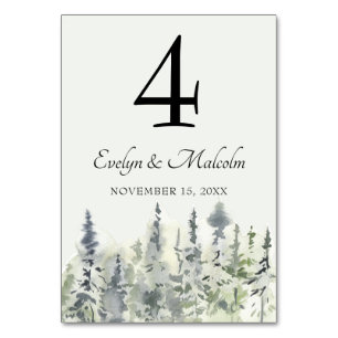 Tall Timber Watercolor Evergreen Trees Wedding Table Number