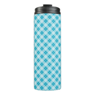 Tall travel mug with a blue and white plaid