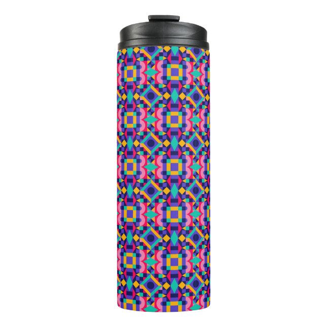 Tall travel mug with a vibrant geometric pattern (Front)