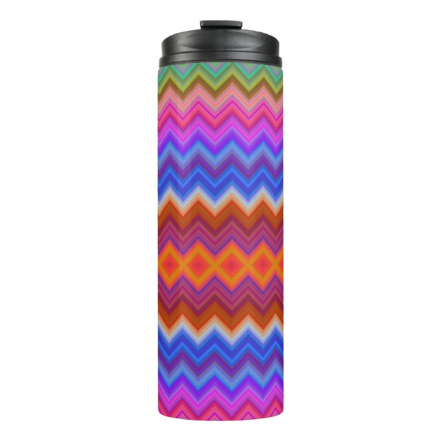 Tall travel mug with a vibrant zigzag pattern  (Front)