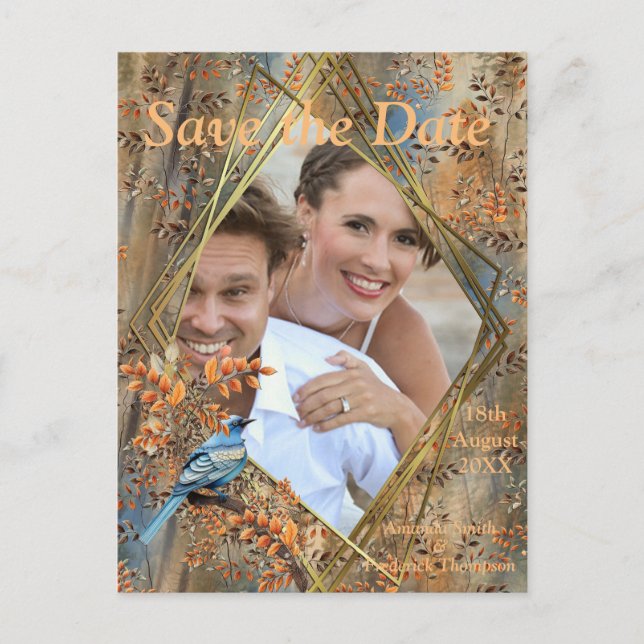 Tall trees, Autumn leaves & Bluebirds. Announcemen Announcement Postcard (Front)