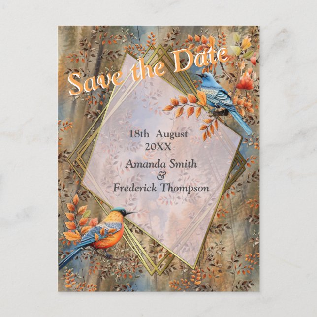 Tall trees, Autumn leaves & Bluebirds. Announcement Postcard (Front)