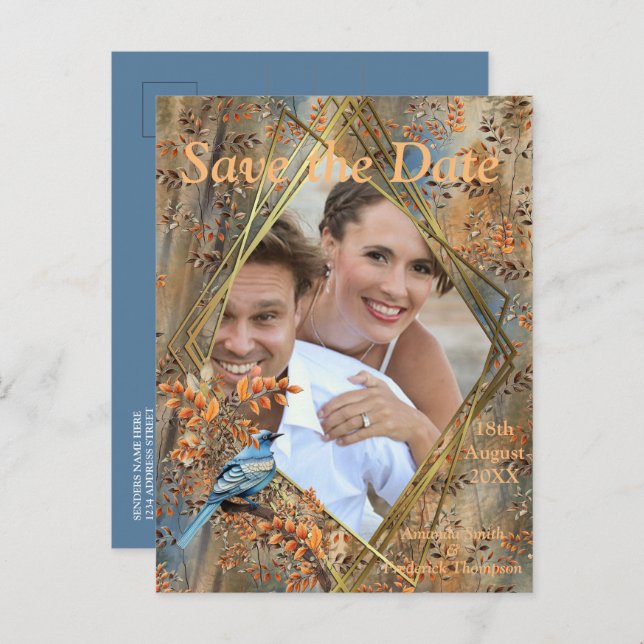 Tall trees, Autumn leaves & Bluebirds. Announcement Postcard (Front/Back)