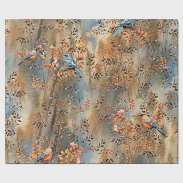 Tall trees, Autumn leaves & Bluebirds. Wrapping Paper (Seam)
