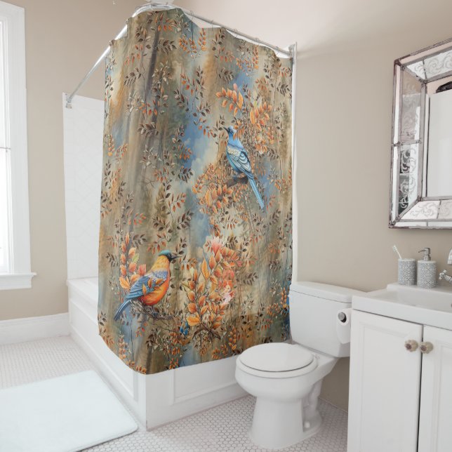Tall trees, the Leaves of Autumn & Blue-Birds Shower Curtain (In Situ)