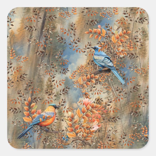 Tall trees, the Leaves of Autumn & Blue-Birds Square Sticker (Front)
