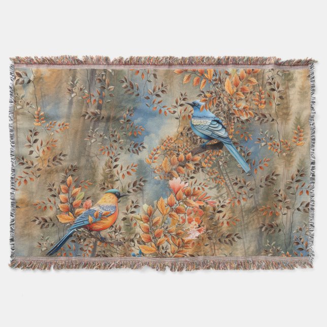 Tall trees, the Leaves of Autumn & Blue-Birds Throw Blanket (Front)