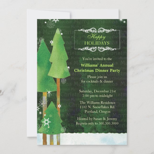 Tall Winter Trees Green Christmas Dinner Party Invitation (Front)
