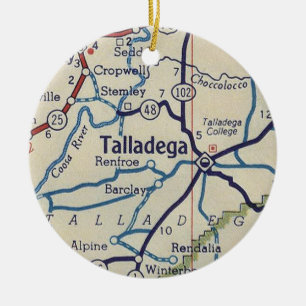 Talladega AL Vintage Map Ceramic Tree Decoration