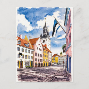Tallinn Estonia Street Watercolor Painting Postcard